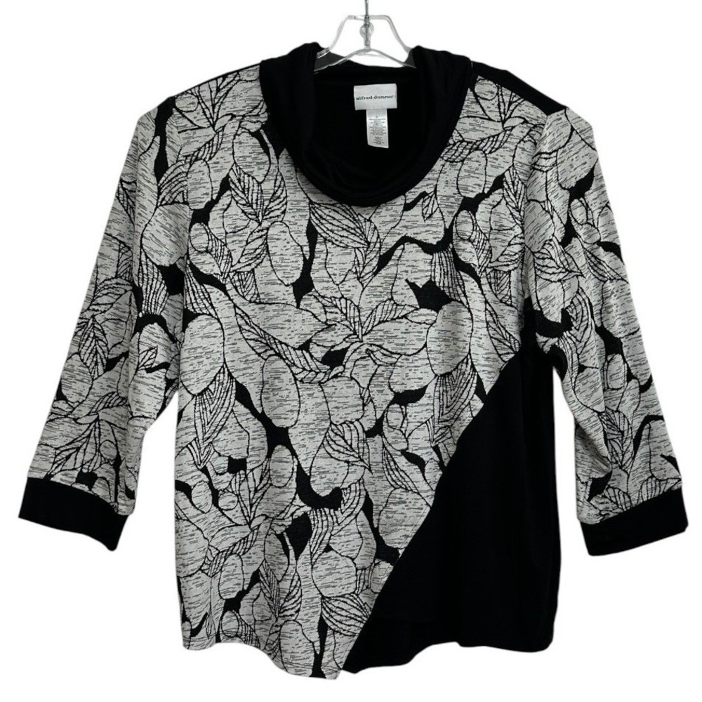 Alfred Dunner Top Womens Black White Floral Cowl Neck Artsy Botanical L